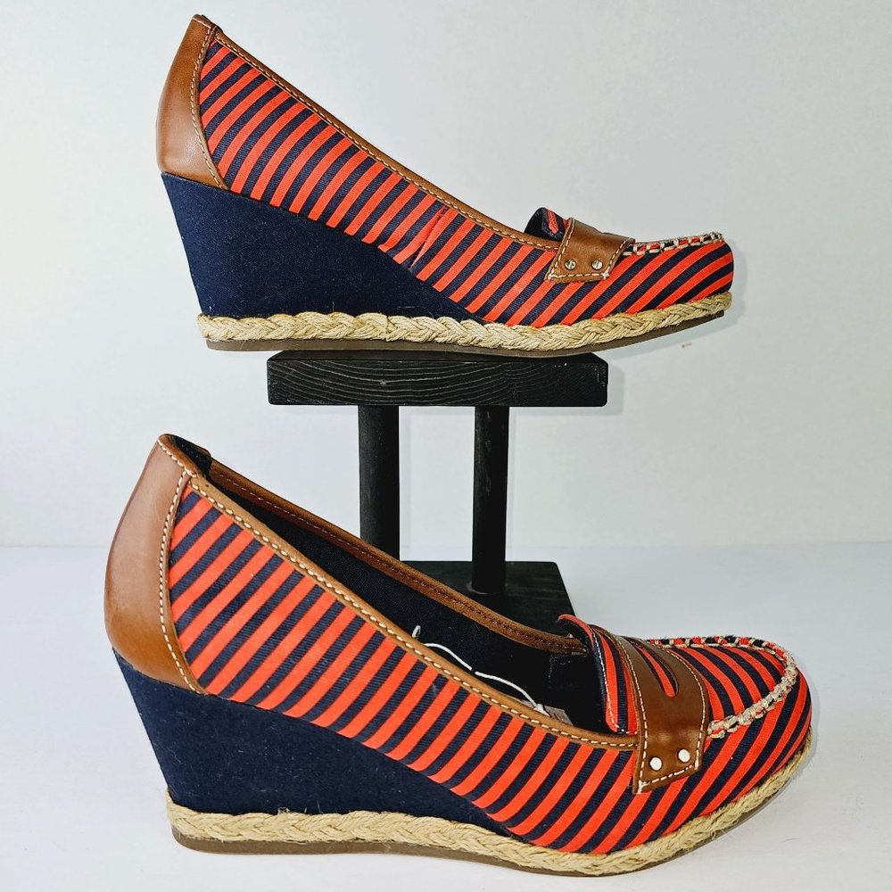 Dr. Scholl's Brilliant Red & Blue Striped Leather Fabric Wedges Shoes 8.5M - Picture 3 of 8
